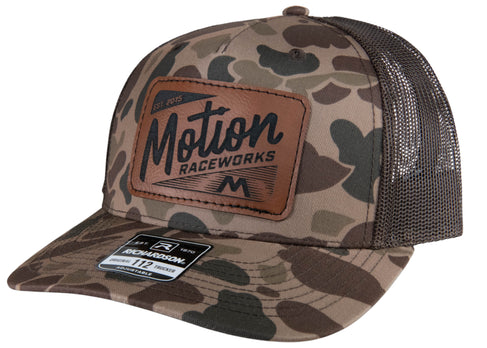 Brown Duck Camo Leather Patch Trucker Hat: Limited Edition - Motion Raceworks