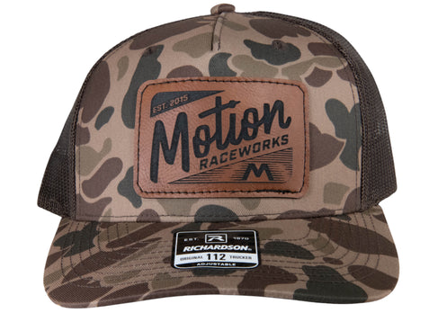 Brown Duck Camo Leather Patch Trucker Hat: Limited Edition - Motion Raceworks