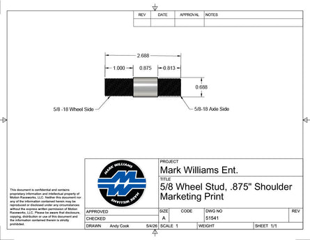 5/8" Steel Wheel Stud Kit 2.687" Long / .875 shoulder (No Lugnuts)