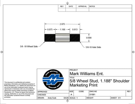 5/8" Steel Wheel Stud Kit 2.875" Long/ 1 3/16" shoulder (No Lugnuts)