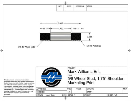 5/8" Steel Wheel Stud Kit 3.437" Long / 1.75" shoulder (No Lugnuts)