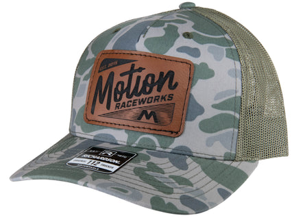 Marsh Duck Camo Leather Patch Trucker Hat: Limited Edition - Motion Raceworks