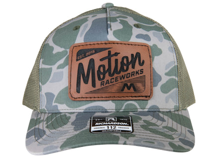 Marsh Duck Camo Leather Patch Trucker Hat: Limited Edition - Motion Raceworks