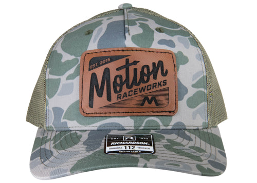 Marsh Duck Camo Leather Patch Trucker Hat: Limited Edition - Motion Raceworks